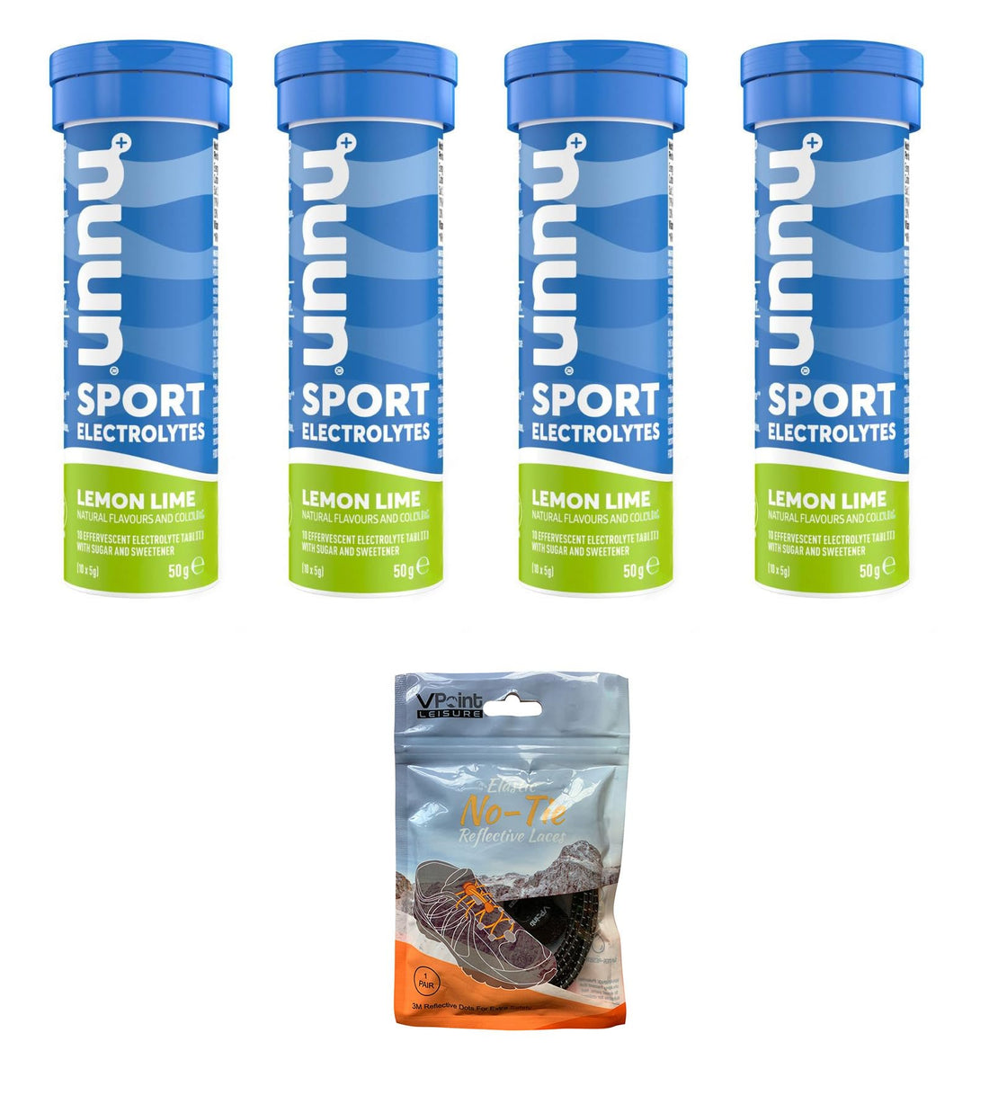 NUUN Sport Electrolytes Hydration Tablets - 4 Tubes of Electrolyte Tabs (40 Total Tablets) Bundled with A Pack of Elastic No-tie Reflective Shoe Laces (Lemon Lime)-1