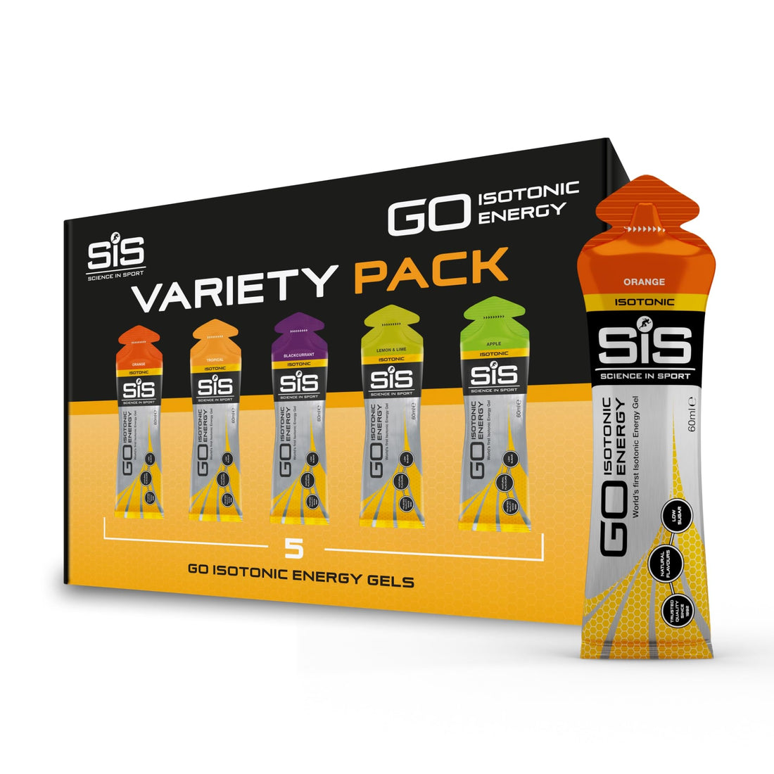 Science In Sport GO Isotonic Energy Gels, Running Gels with 22 g Carbohydrates, Low Sugar, Variety Pack of Assorted Flavours, 60 ml Per Serving (5 Pack), Packaging May Vary-1