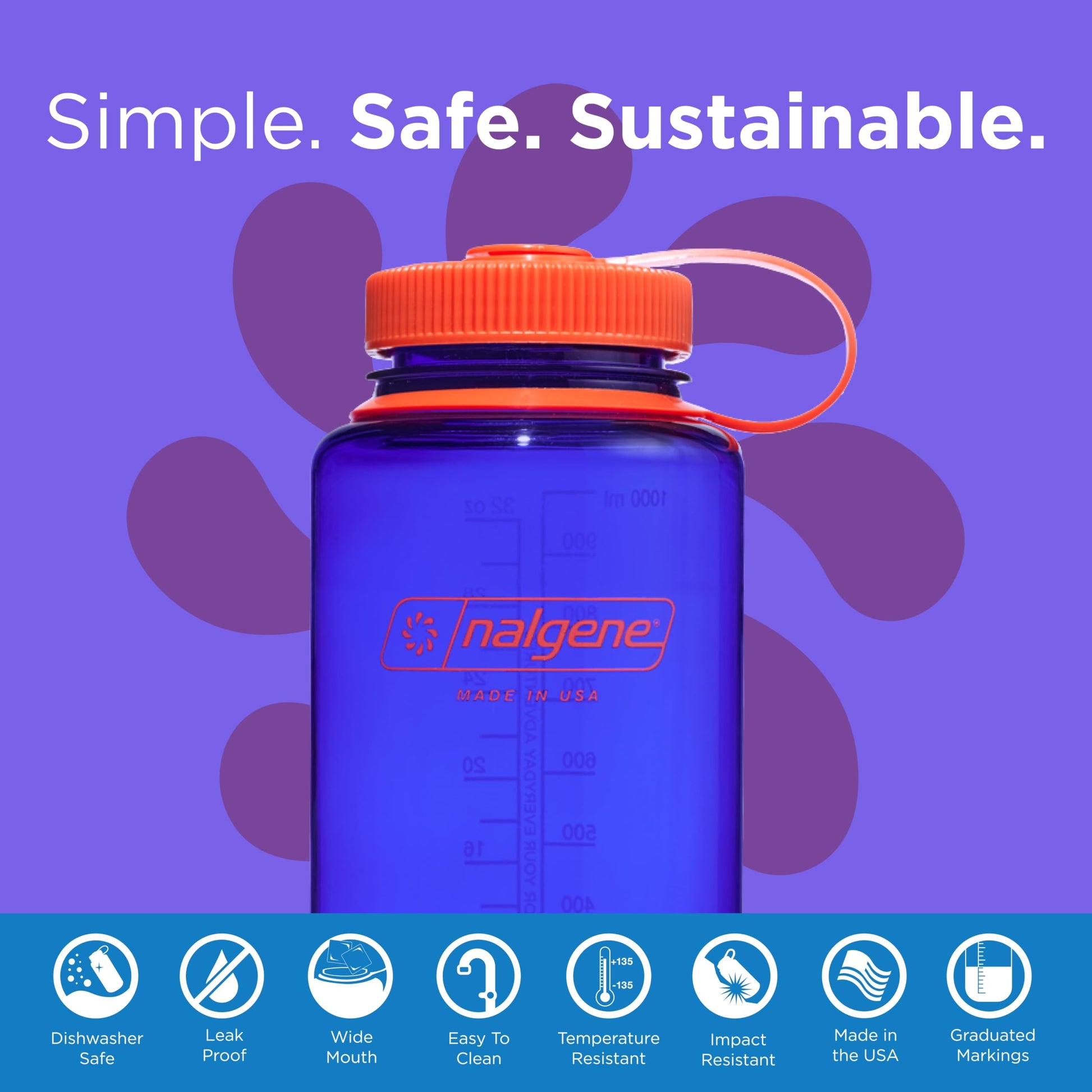 Nalgene Water Bottle - Lightweight Sustain Tritan BPA-Free Shatterproof Bottle for Backpacking, Hiking, Gym, 32 OZ, Wide Mouth, Periwinkle-2