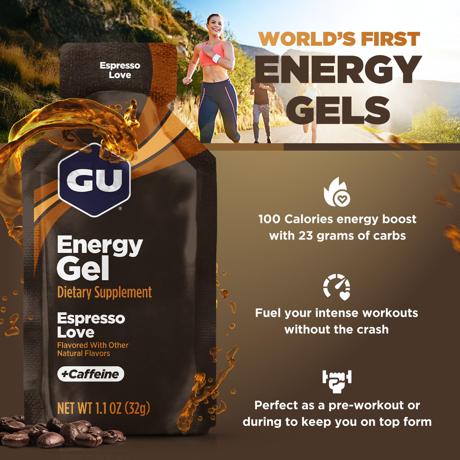 GU Energy Gel Espresso Love, GU Naturally Flavored Sports Gel with Caffeinated On-The-Go, Energy Gels 24 Pack Espresso Love Flavour for Cycling and Marathon, Sports Nutrition with Electrolytes-2