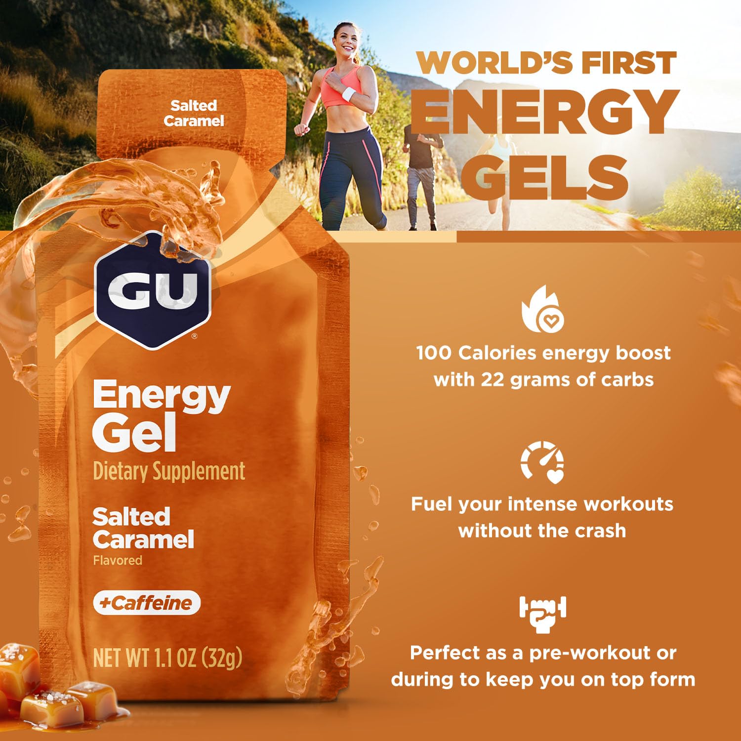 GU Energy Gel Salted Caramel, 24-Count, Dairy Free Gluten-Free Caffeine Energy Gel for Runners, Cycling, Marathon, Sports Nutrition with Electrolytes, On-The-Go GU Salted Caramel for Hiking-2