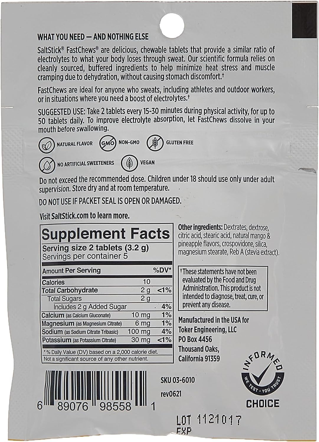 SaltStick Fastchews, Electrolyte Replacement Tablets for Rehydration, Exercise Recovery, Youth & Adult Athletes, Hiking & Sports Recovery, 2 x Packets of 10 Tablets (Lemon Lime)-3