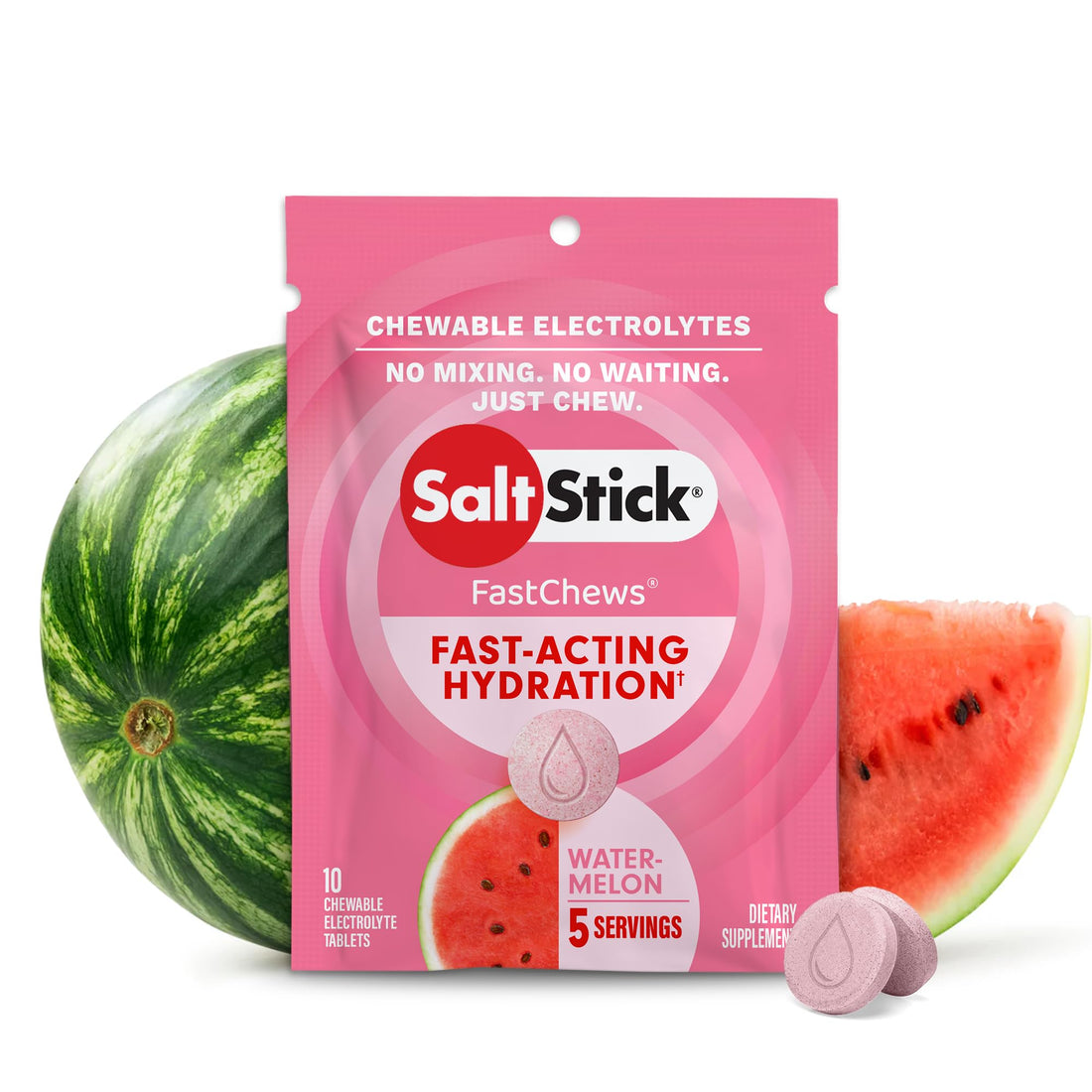 SaltStick Fastchews Watermelon Zip Pack 10 Electrolyte Chewable Tablets with Salt, Minerals (Sodium, Potassium, Calcium, Magnesium) and Carbohydrates, 33g-1