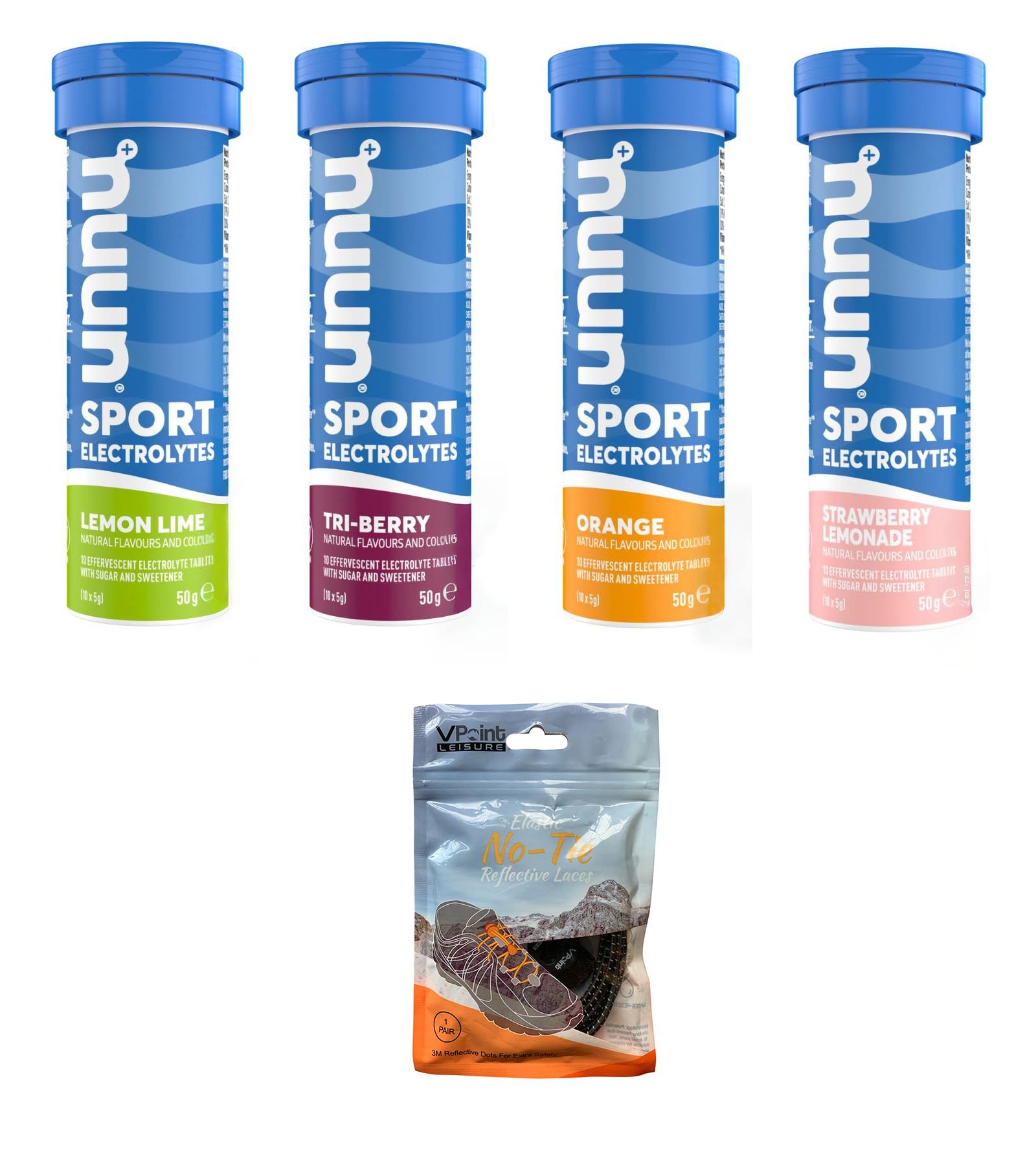 NUUN Sport Electrolytes Hydration Tablets - 4 Tubes of Electrolyte Tabs (40 Total Tablets) Bundled with A Pack of Elastic No-tie Reflective Shoe Laces (Mixed Variety)-1