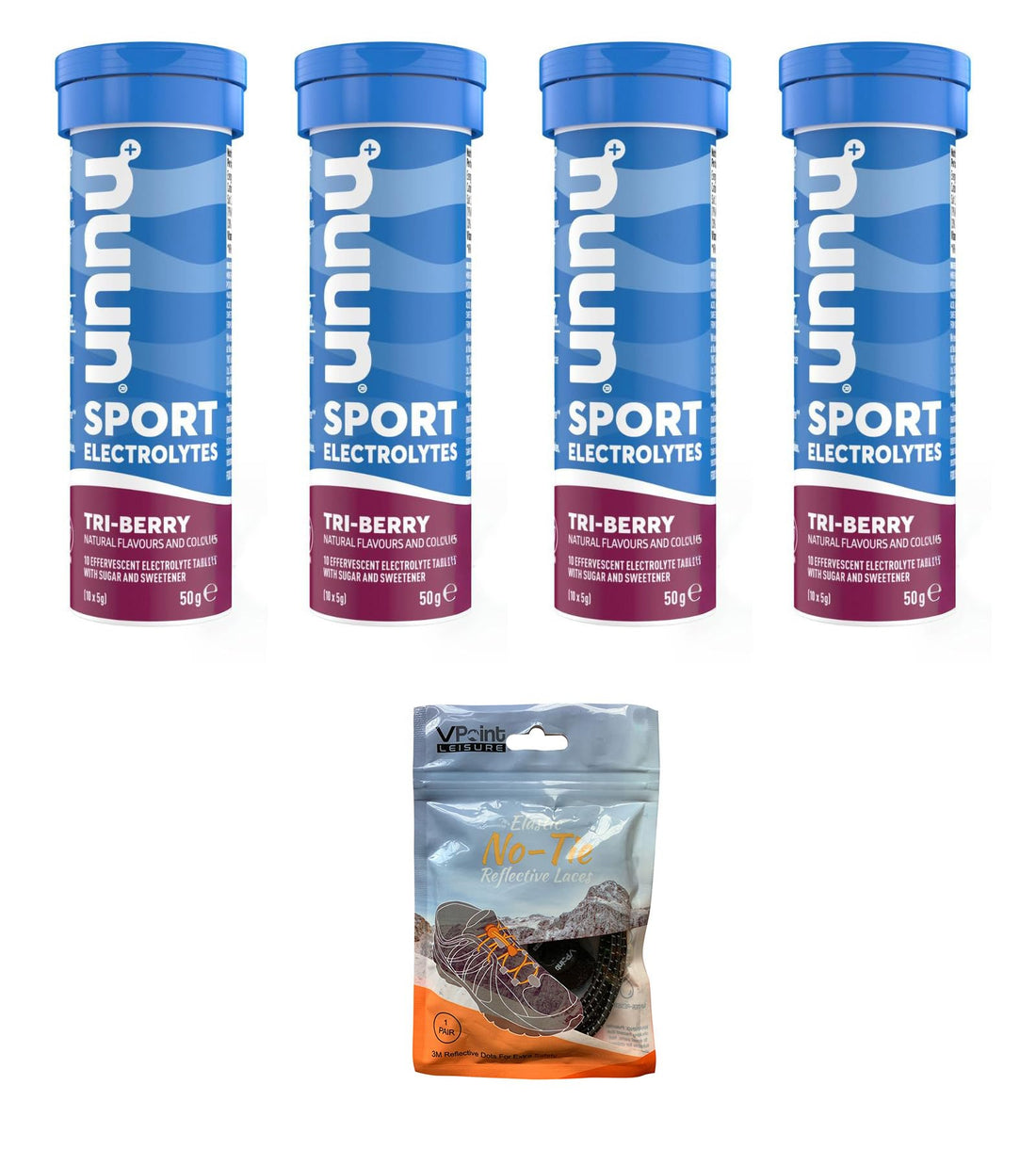 NUUN Sport Electrolytes Hydration Tablets - 4 Tubes of Electrolyte Tabs (40 Total Tablets) Bundled with A Pack of Elastic No-tie Reflective Shoe Laces (Tri-Berry)-1