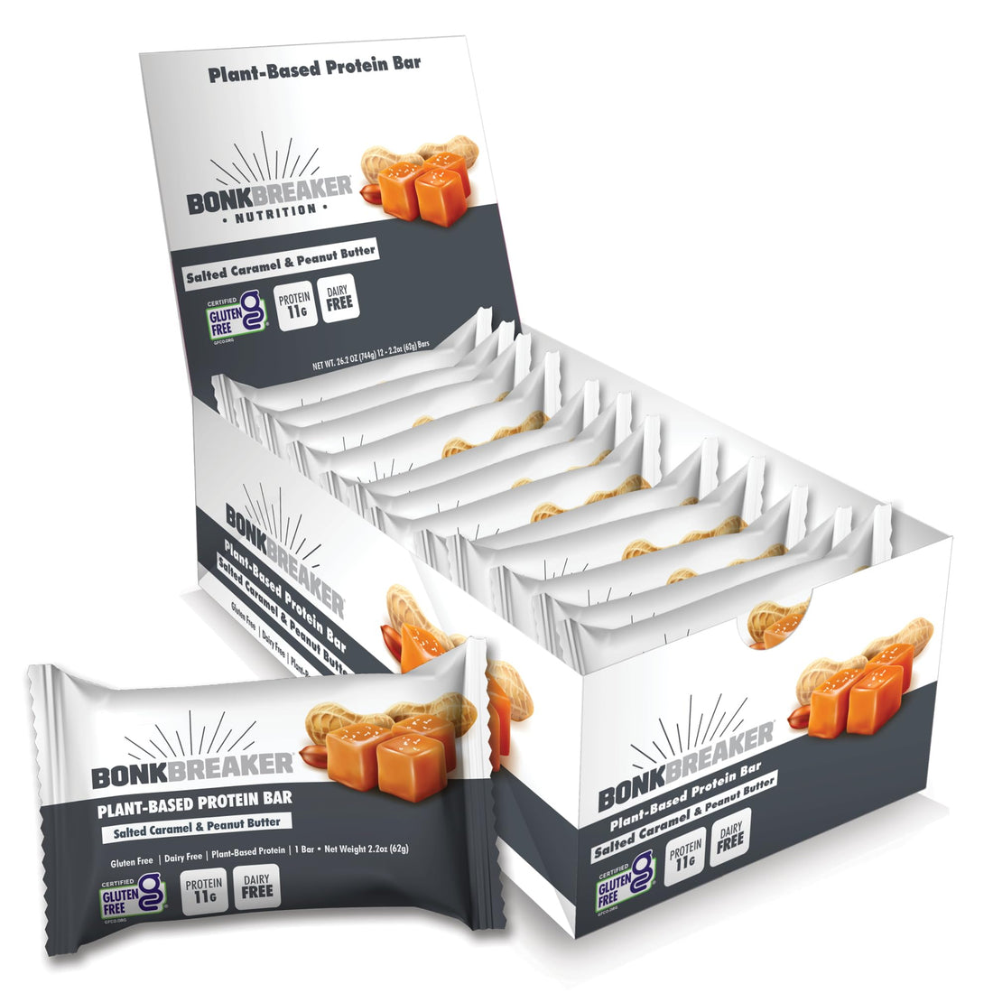 Bonk Breaker Plant Based Protein Bars, Gluten Free, Dairy Free, 11g Protein, Salted Caramel & Peanut Butter, 12 Pack-1