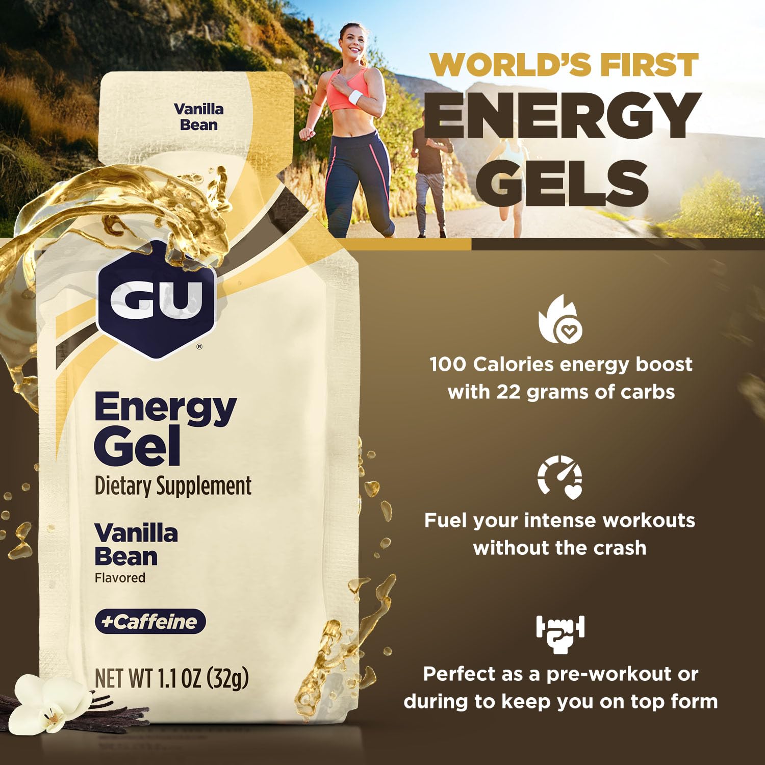 Energy Gels 24 Pack Vanilla Bean Flavour - Running Gels Energy Triathlon Pre-Workout and Endurance Sports Gel with Carbohydrates Sodium Caffeine Pouches Amino Acids Electrolyte Gel Fuel Gym Food-2