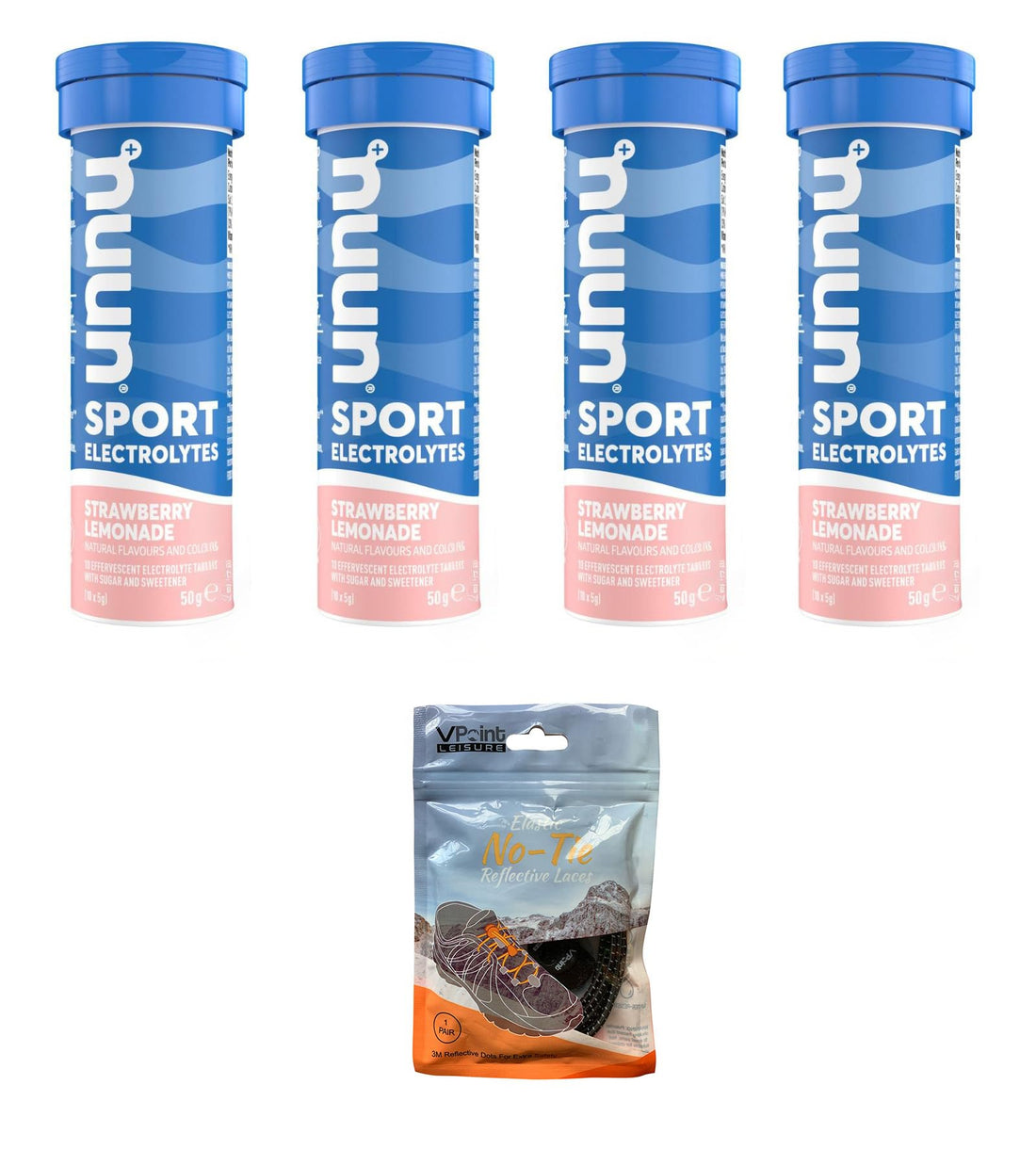 NUUN Sport Electrolytes Hydration Tablets - 4 Tubes of Electrolyte Tabs (40 Total Tablets) Bundled with A Pack of Elastic No-tie Reflective Shoe Laces (Strawberry Lemonade)-1