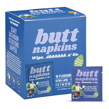 Butt Napkins - Water-Based Flushable Wipes, Individually Wrapped, For On-The-Go & Travel, Running, Camping, Festivals. Unscented & Hypoallergenic, Adult Sized (Camping, 10 Count (Pack of 1))-1