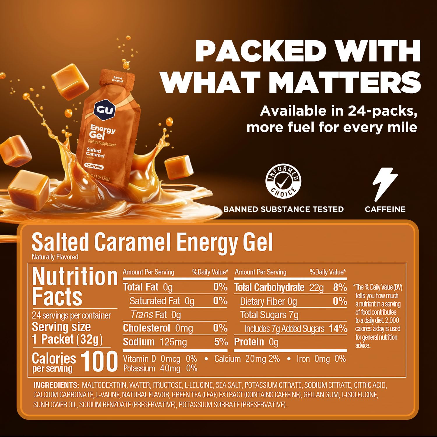 GU Energy Gel Salted Caramel, 24-Count, Dairy Free Gluten-Free Caffeine Energy Gel for Runners, Cycling, Marathon, Sports Nutrition with Electrolytes, On-The-Go GU Salted Caramel for Hiking-7