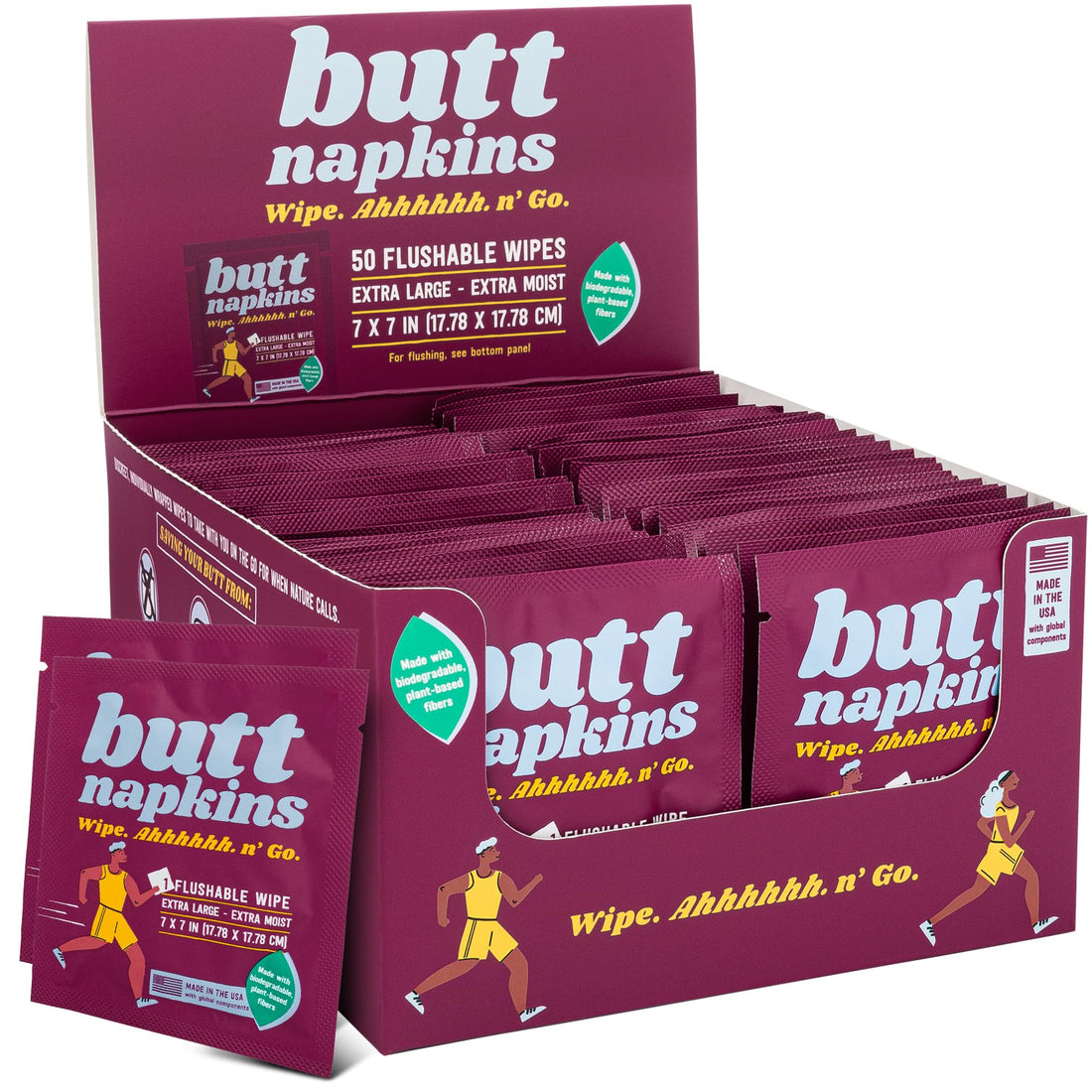 Butt Napkins - Water-Based Flushable Wipes, Individually Wrapped (Running, 50 Count (Pack of 1))-1