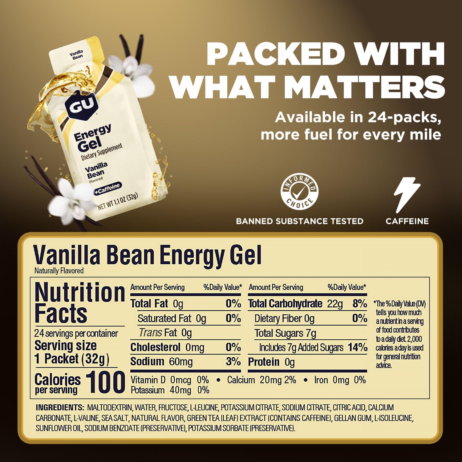 Energy Gels 24 Pack Vanilla Bean Flavour - Running Gels Energy Triathlon Pre-Workout and Endurance Sports Gel with Carbohydrates Sodium Caffeine Pouches Amino Acids Electrolyte Gel Fuel Gym Food-7