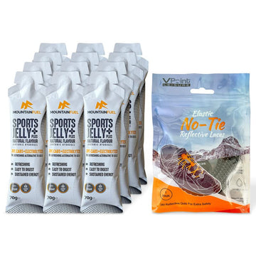 Mountain Fuel Sports Jelly Plus 6 X 50mg Caffeine, 6 X Non-Caffeine Natural Flavour Isotonic Energy Gel Hydration Sachets. Rehydration Energy Gels for Cyclists and Runners. Includes Elastic Shoelaces for Running and Cycling