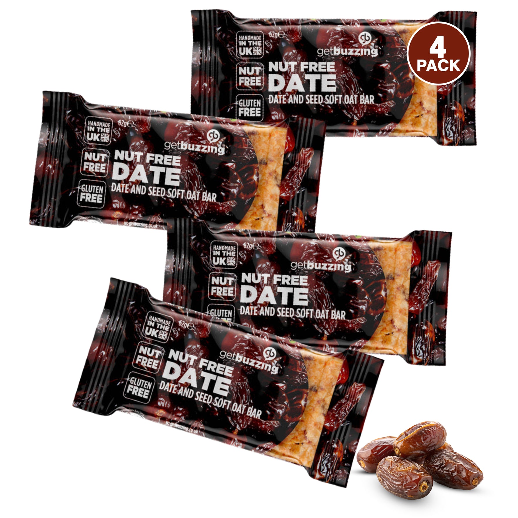 Getbuzzing Nut Free Oat Flapjacks - Gluten Free Healthy Snacks - Energy Bars For Running, Cycling, Gym - Pack of 4 x 62g