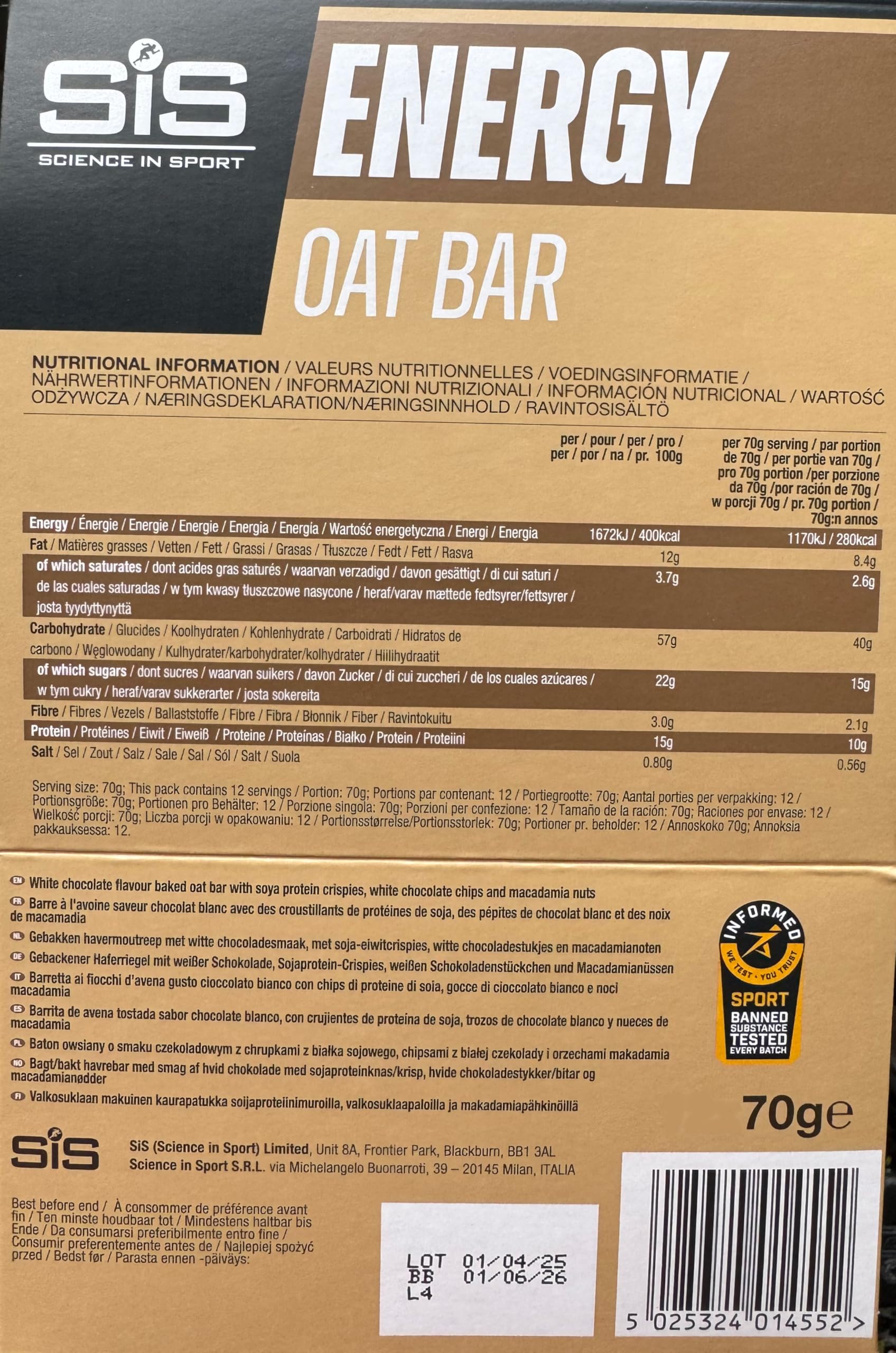SiS Energy Oat Bar - Pack of 4 x 70g Bars