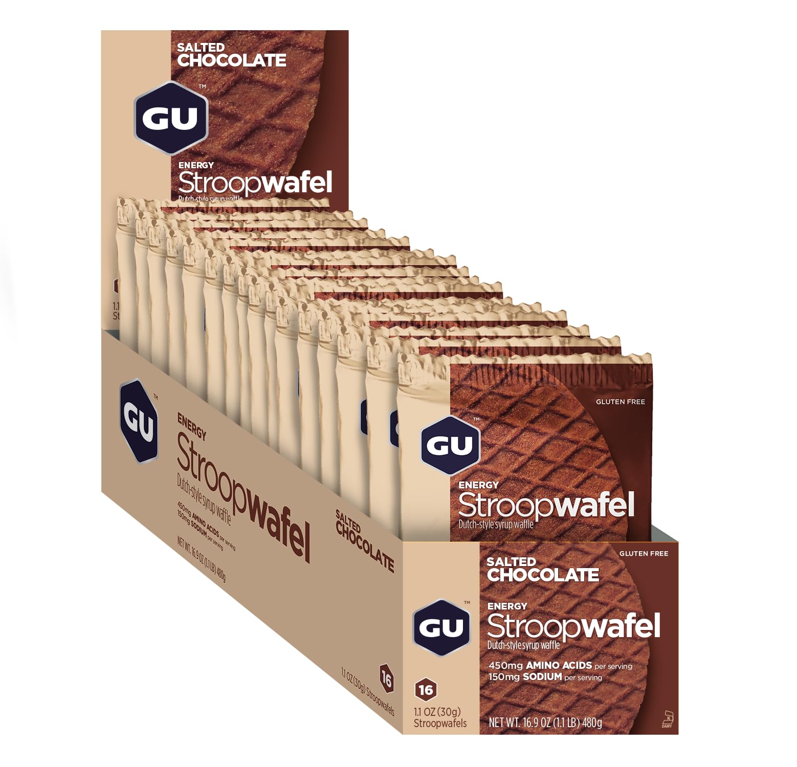 GU Energy Salted Chocolate Stroopwafel Dutch Style Syrup Waffle - Pack of 16