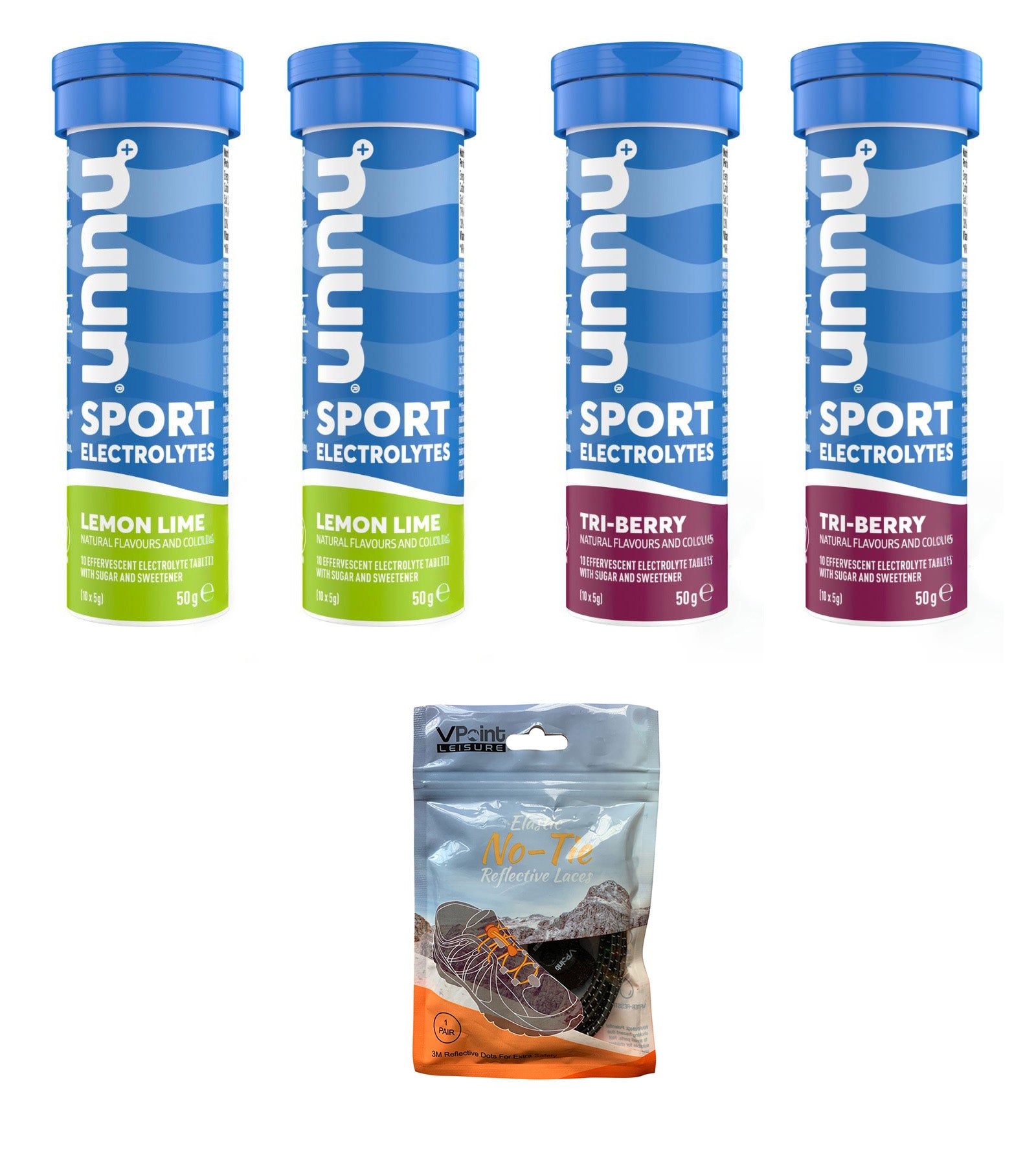 NUUN Sport Electrolytes Hydration Tablets - 4 Tubes of Electrolyte Tabs (40 Total Tablets) Bundled with A Pack of Elastic No-tie Reflective Shoe Laces