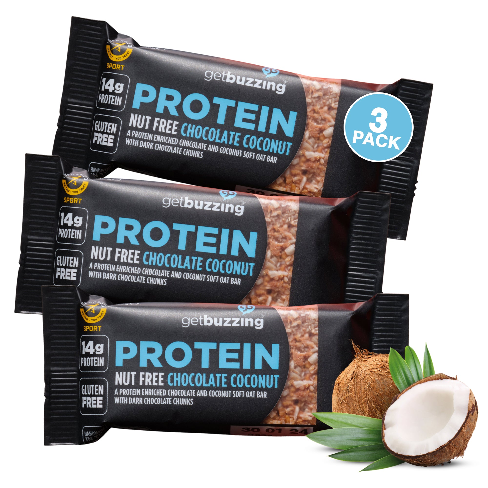 Getbuzzing Nut Free Oat Protein Flapjacks -  Pack of 3 x 55g
