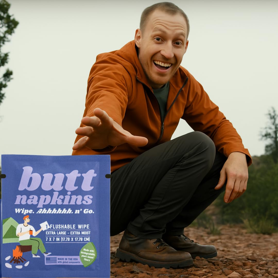 Butt Napkins - Water-Based Flushable Wipes, Individually Wrapped, For On-The-Go & Travel, Running, Camping, Festivals. Unscented & Hypoallergenic, Adult Sized (Camping, 10 Count (Pack of 1))-3