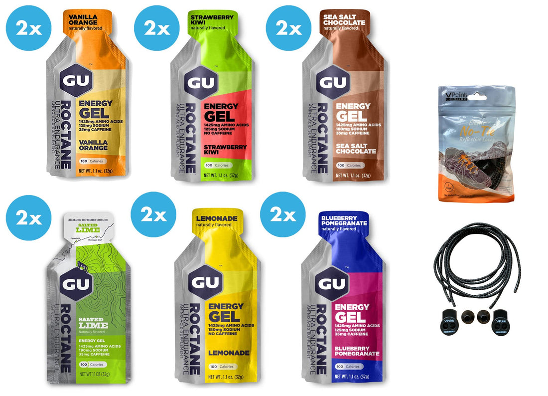 GU Roctane Ultra Endurance Energy Gels - Pack of 12 (2 x Six Different Flavours) Bundled with an Exclusive Elastic No-tie Reflective Shoe Laces-1
