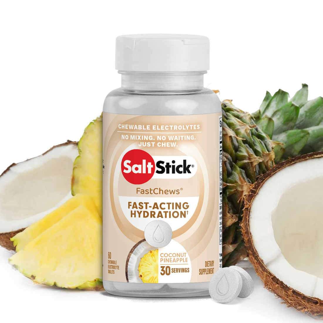 SaltStick FastChews Electrolytes - 60 Chewable Electrolyte Tablets - Salt Tablets for Running, Fast Hydration, Leg Cramps Relief, Sports Recovery - Non-GMO, Vegan, Gluten Free (Coconut Pineapple)-1