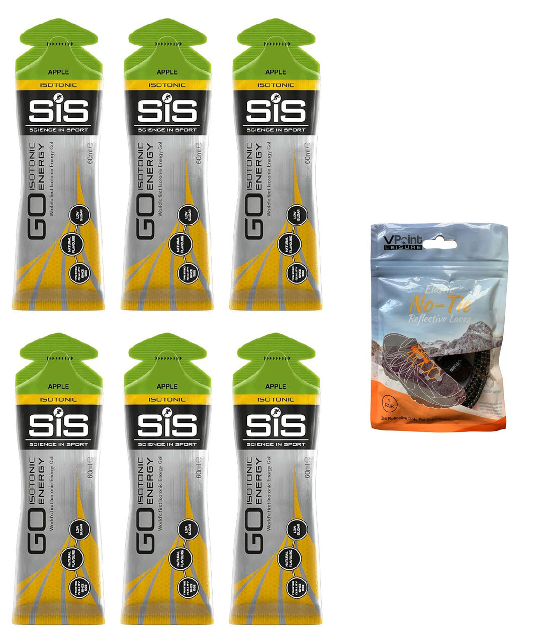 Science in Sport GO Isotonic Energy Gels - 6 x 60ml Packs Bundle with Elastic No-Tie Shoe Laces. Vegan, Lactose Free, Gluten Free, Wheat Free, Nut Free, SOYA Free (6 Gels w/Laces, Apple)-1