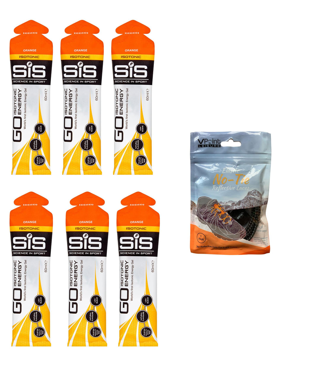 Science in Sport GO Isotonic Energy Gels - 6 x 60ml Packs Bundle with Elastic No-Tie Shoe Laces. Vegan, Lactose Free, Gluten Free, Wheat Free, Nut Free, SOYA Free (6 Gels w/Laces, Orange)-1