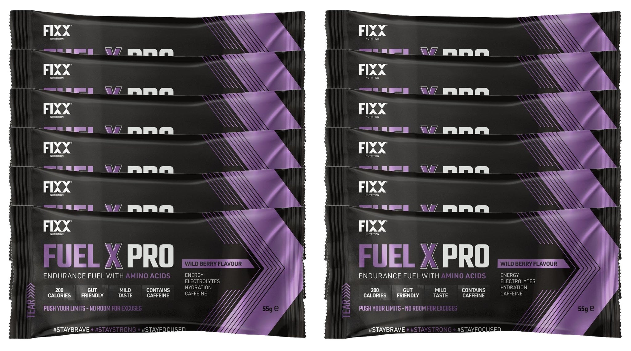 Fixx Nutrition Fuel X Pro Endurance Fuel With Amino Acids - Energy, Electrolytes, Hydration - Box of 12 x 55g Sachets (Wild Berry (Caffeinated))-1