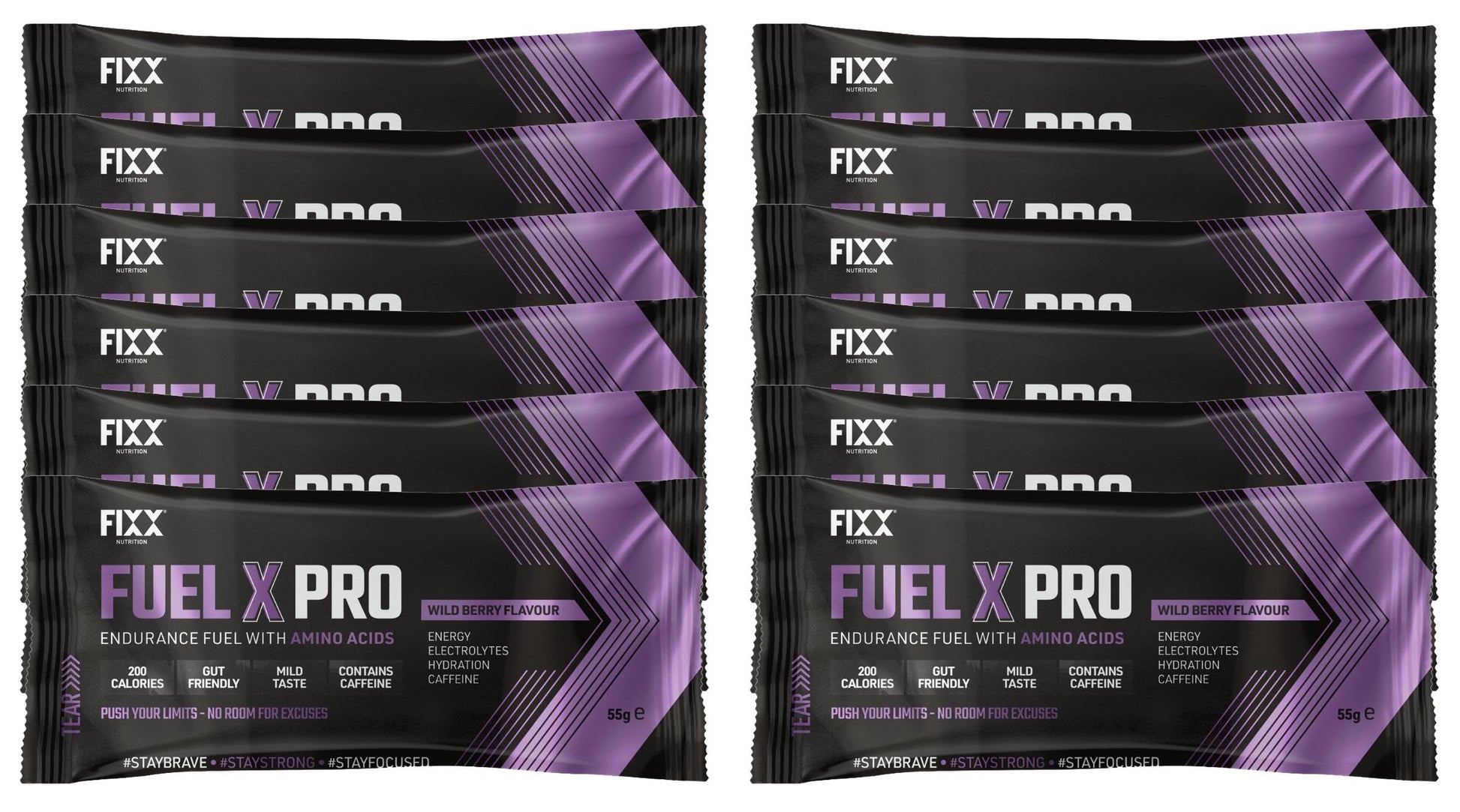 Fixx Nutrition Fuel X Pro Endurance Fuel With Amino Acids - Energy, Electrolytes, Hydration - Box of 12 x 55g Sachets (Wild Berry (Caffeinated))-1