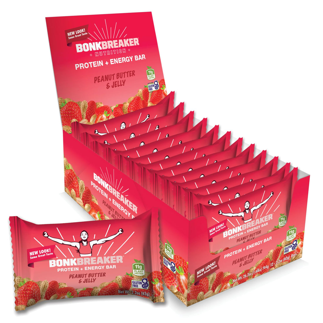 Bonk Breaker Plant Based Protein Bars, Gluten Free, Dairy Free, 13g Protein, Peanut Butter and Jelly Flavor, 62g Bar (12 Pack)-1