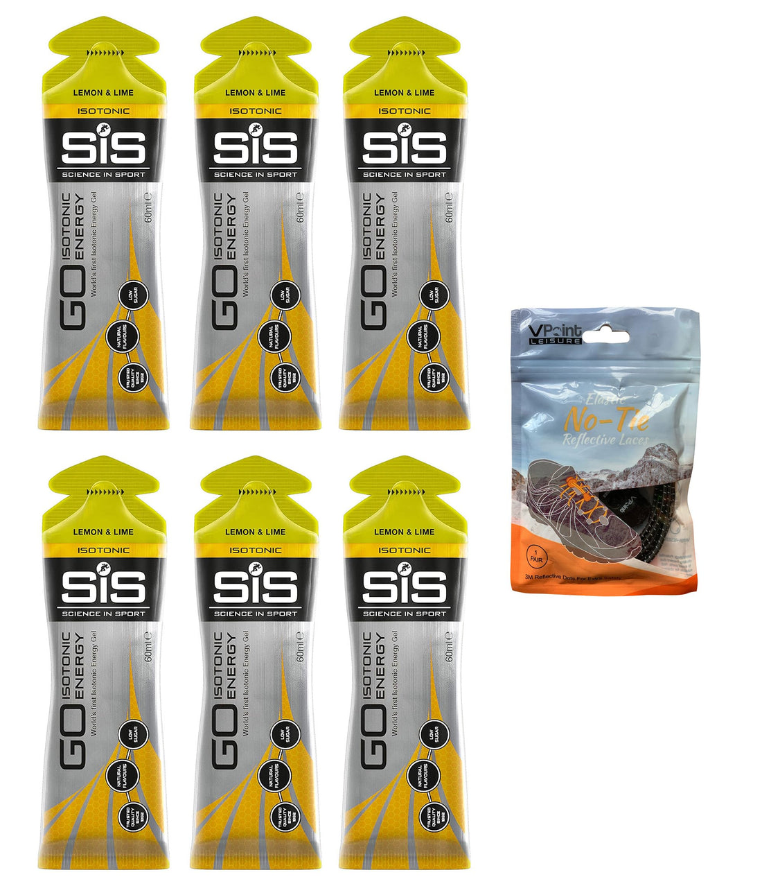 Science in Sport GO Isotonic Energy Gels - 6 x 60ml Packs Bundle with Elastic No-Tie Shoe Laces. Vegan, Lactose Free, Gluten Free, Wheat Free, Nut Free, SOYA Free (6 Gels w/Laces, Lemon & Lime)-1