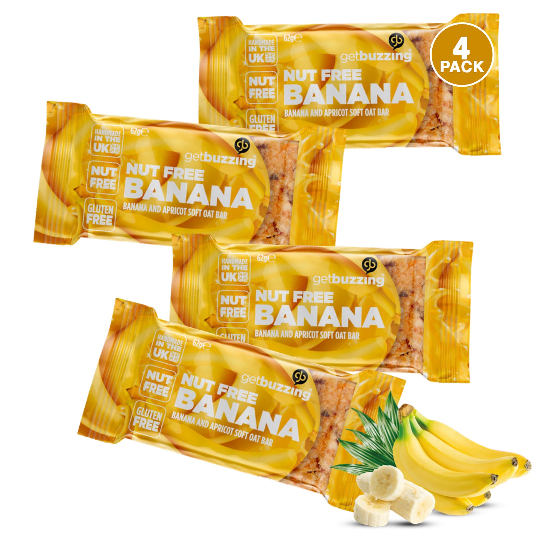 Getbuzzing Nut Free Oat Flapjacks - Gluten Free Healthy Snacks - Energy Bars For Running, Cycling, Gym - Pack of 4 x 62g