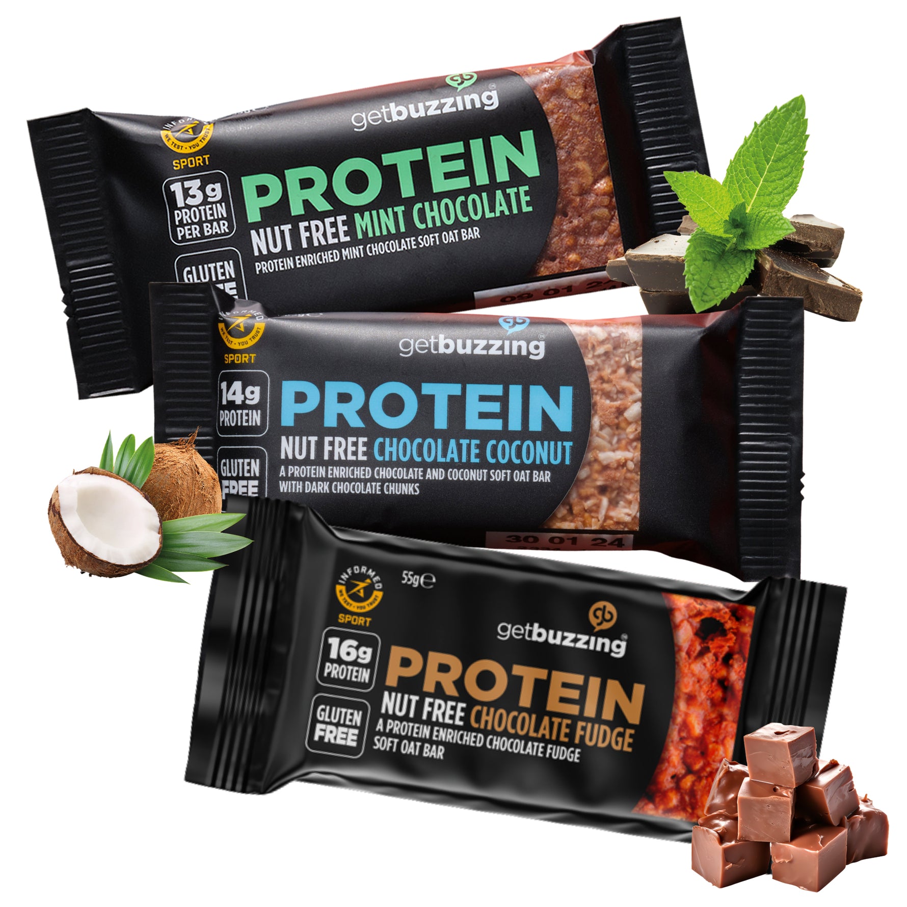 Getbuzzing Nut Free Oat Protein Flapjacks -  Pack of 3 x 55g