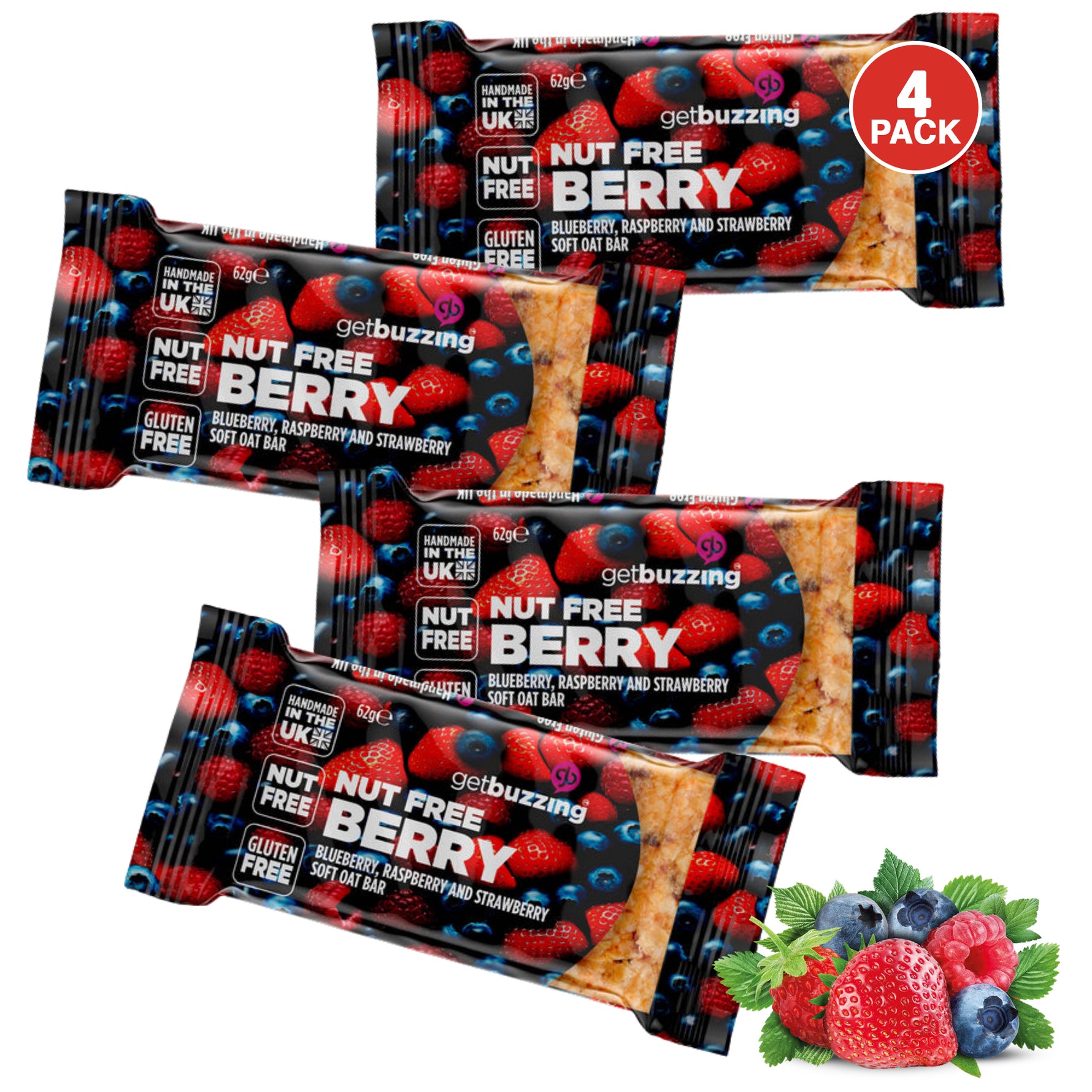 Getbuzzing Nut Free Oat Flapjacks - Gluten Free Healthy Snacks - Energy Bars For Running, Cycling, Gym - Pack of 4 x 62g