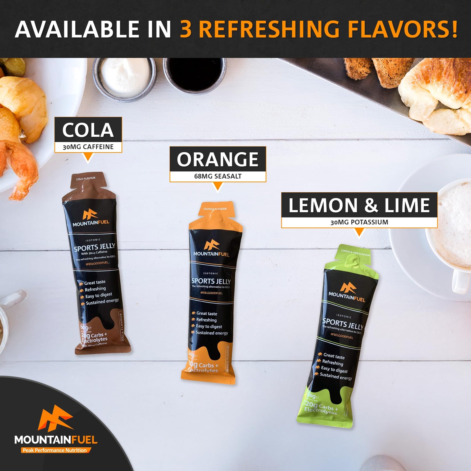 Mountain Fuel Sports Jelly Hydrogel Energy Gel Pouch - 20g of Carbs & Electrolytes - Mineral-Rich Hydration Boost - Vegan, Gluten-Free Performance Fuel - 4 Pack