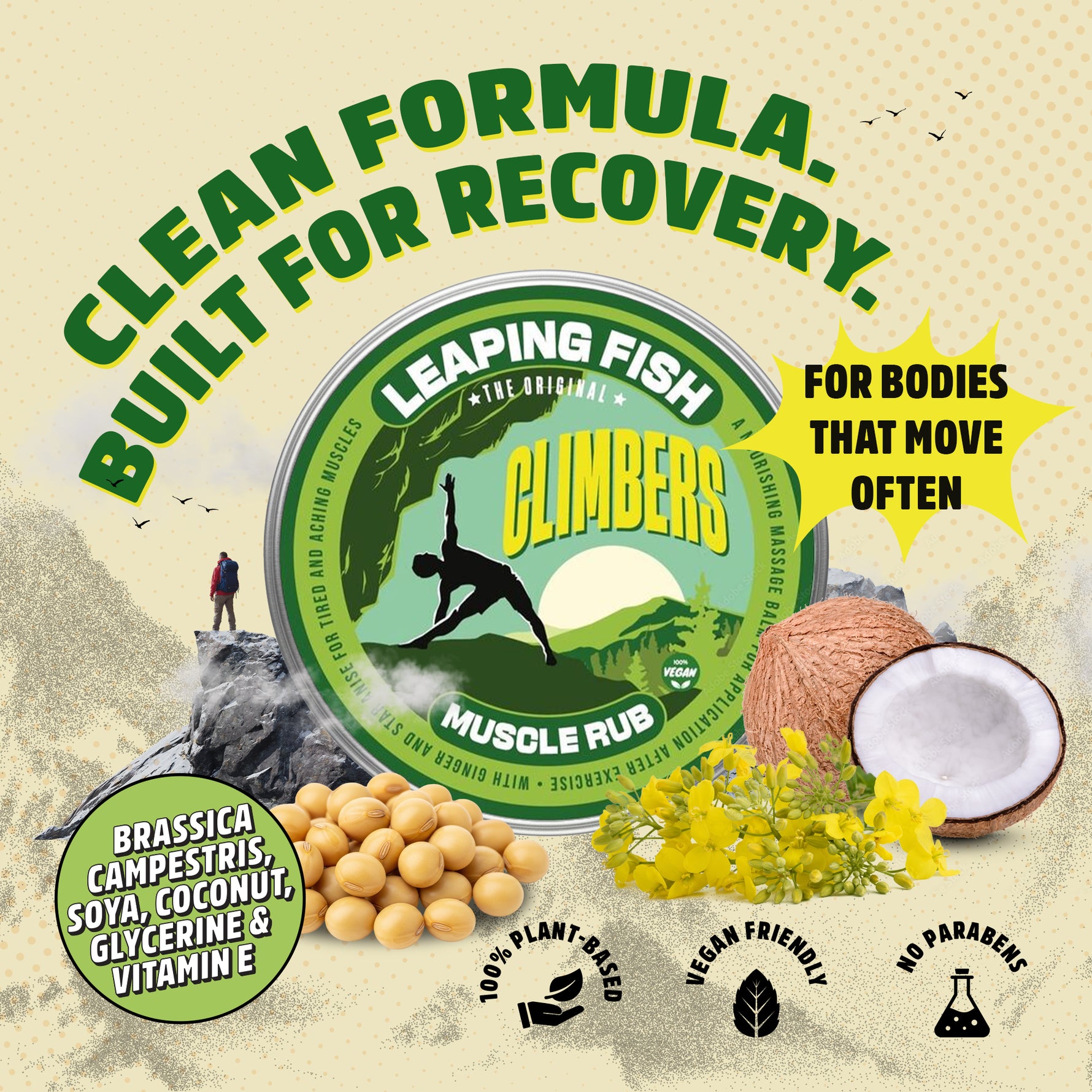 LEAPING FISH Climber's Muscle Rub - Essential Oil Recovery Balm - 60g Tin