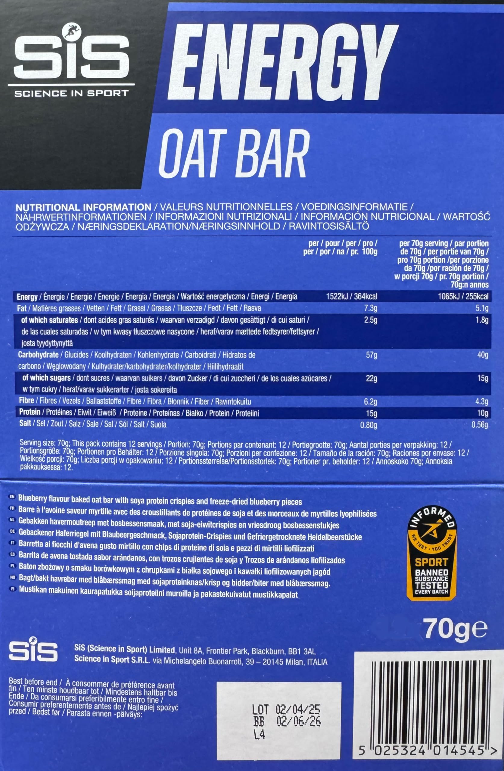 SiS Energy Oat Bar - Pack of 4 x 70g Bars