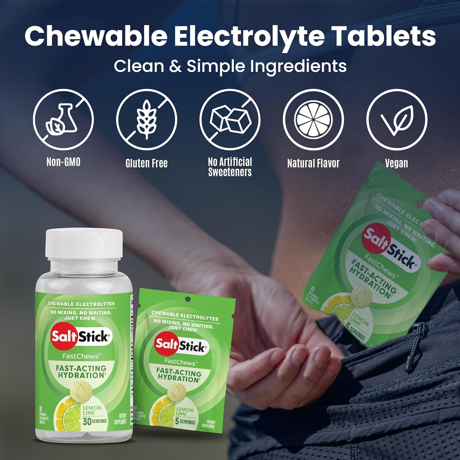 SaltStick FastChews Electrolytes - 60 Chewable Electrolyte Tablets - Salt Tablets for Running, Fast Hydration, Leg Cramps Relief, Sports Recovery - Non-GMO, Vegan, Gluten Free