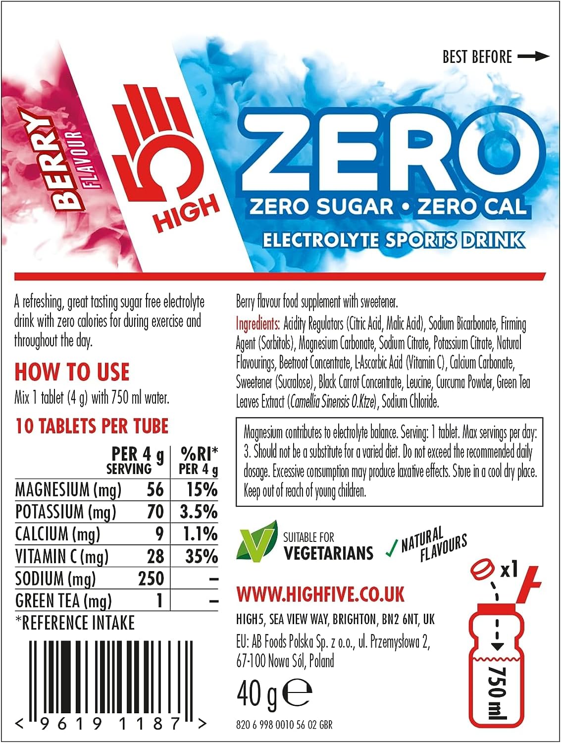 HIGH5 ZERO Hydration Electrolyte Sports Drink Dissolvable Tablets - 10 Tablets Per Tube - 4 x Tubes