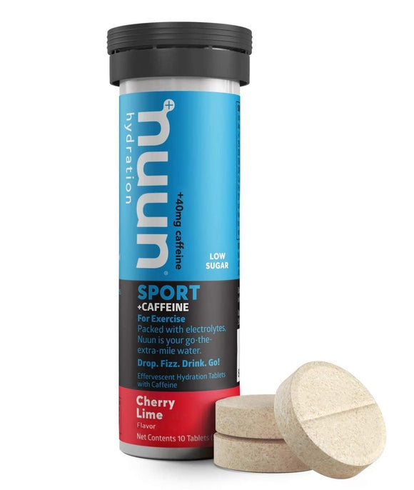 NUUN Sport Electrolytes Hydration Tablets - 4 Tubes of Electrolyte Tabs (40 Total Tablets) Bundled with A Pack of Elastic No-tie Reflective Shoe Laces (Cherry Lime w/Caffeine)