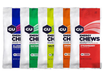 GU Energy Chews Double Serving Packs. Energy Gummies with Electrolytes For Running, Cycling, Triathlon & Other Sports - Selection Box of 5 Mixed Flavours