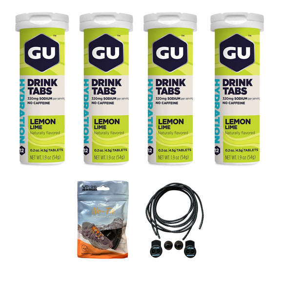 GU Energy Hydration Drink Tabs - 4 Tubes Of Electrolyte Tablets - 12 Tablets Per Tube, 48 Total Tablets - Bundled With An Exclusive Pack Of Elastic No-tie Reflective Shoe Laces