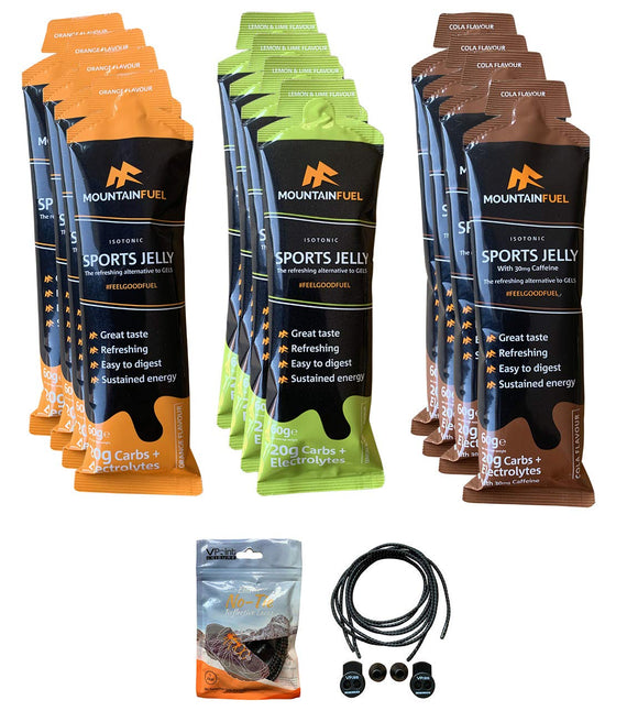 Mountain Fuel Isotonic Sports Jelly - The Refreshing Alternative to Energy Gels (Pack of 12 Mixed Flavours). Bundled with a Pair of VPoint Leisure No-Tie Elastic Shoe Laces