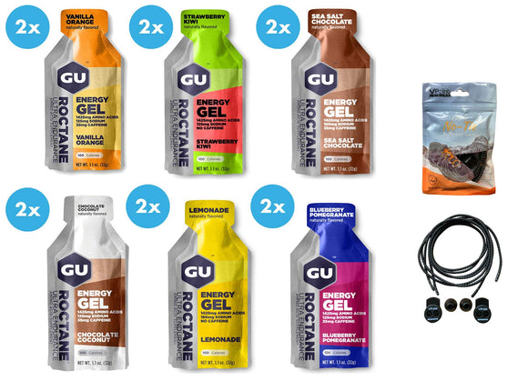 GU Roctane Ultra Endurance Energy Gels - Pack of 12 (Includes 2 x Six Different Flavours) Bundled with an Exclusive Pack of Elastic No-tie Reflective Shoe Laces
