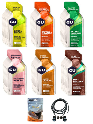 GU Energy Gels - Box of 24 Mixed Gels (Inc. Mint Chocolate). Bundled with an Exclusive Pack of Elastic No-tie Reflective Shoe Laces