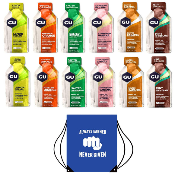 GU Energy Gels - Pack of 12 Mixed Gels (Inc. Mint Chocolate). Includes Free Motivational Drawstring Kit/Shoe Bag