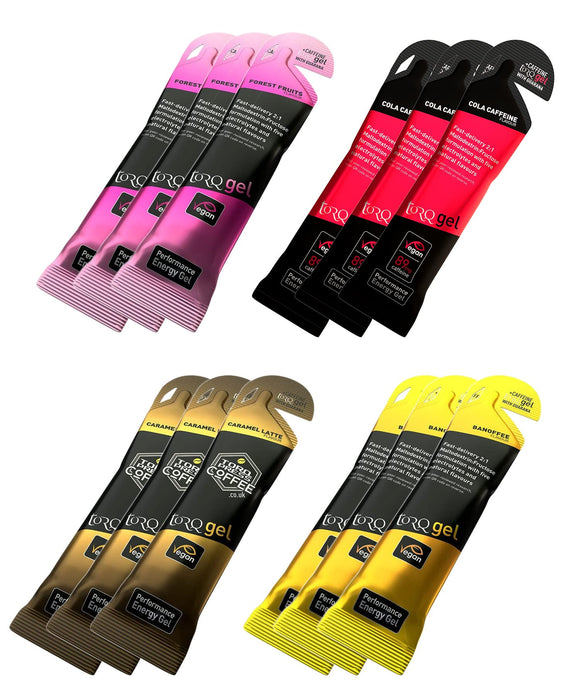 Torq Energy Gels with Guarana (Natural Caffeine) - Selection Box of 12 Mixed Flavour Gels (3 x 4 Different Flavours)