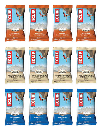 CLIF BAR - Mixed Selection Box - 4 x Chocolate Chip, 4 x Crunchy Peanut Butter, 4 x White Chocolate Macadamia - 12 x 68g Plant Based Bars