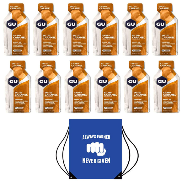 GU Energy Gels - Pack of 12 Salted Caramel Sachets Bundled with A Free Motivational Drawstring Kit/Shoe Bag