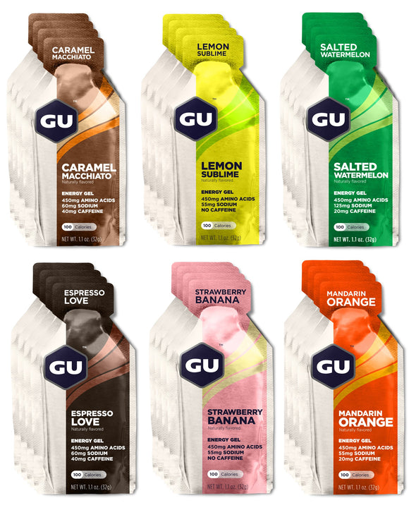 GU Energy Gels - Mixed Box of 24 Gels - 6 Alternative Flavours (Caramel Macchiato, Lemon Sublime, Salted Watermelon, Espresso Love, Mandarin Orange, Strawberry Banana)